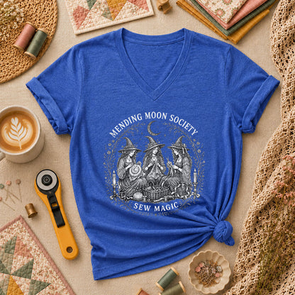 Mending Moon Society Sew Magic Witches Women's V-Neck - Heather True Royal