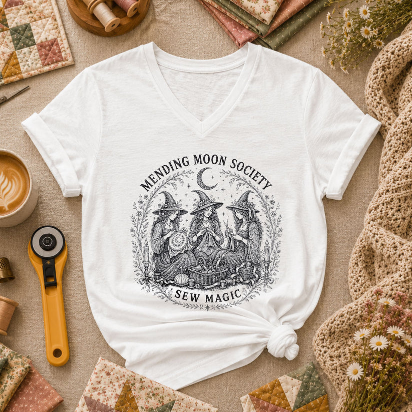 Mending Moon Society Sew Magic Witches Women's V-Neck - White