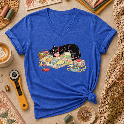 Meow Bite Sleeping Cat Women's V-Neck - Heather True Royal