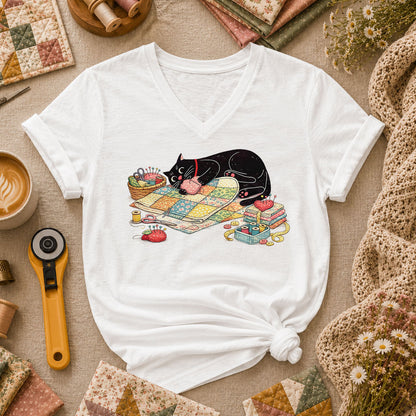 Meow Bite Sleeping Cat Women's V-Neck - White