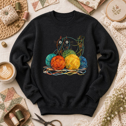 Meow Cat With Yarn Balls Long Sleeve - Black