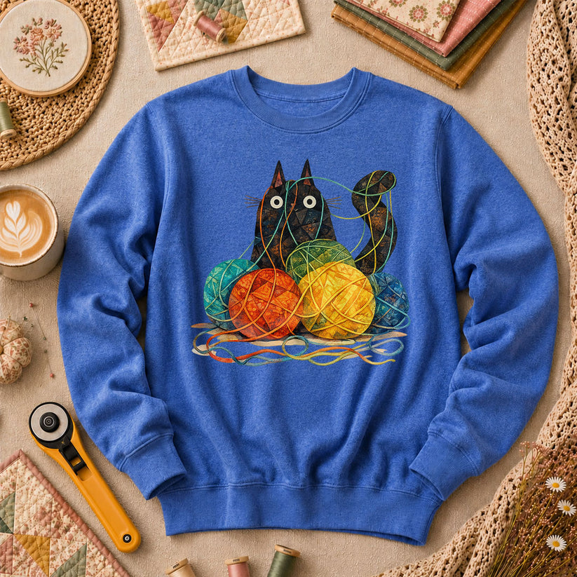 Meow Cat With Yarn Balls Long Sleeve - Heather True Royal