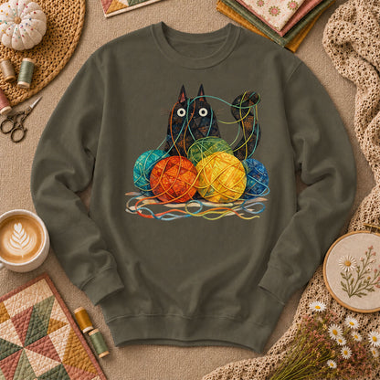 Meow Cat With Yarn Balls Long Sleeve - Military Green