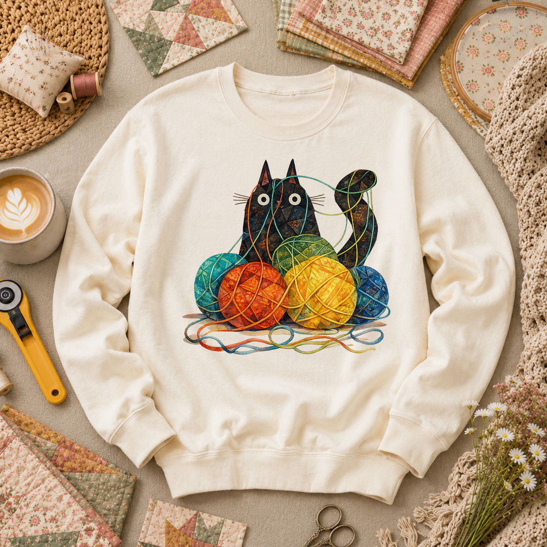 Meow Cat With Yarn Balls Long Sleeve - Natural