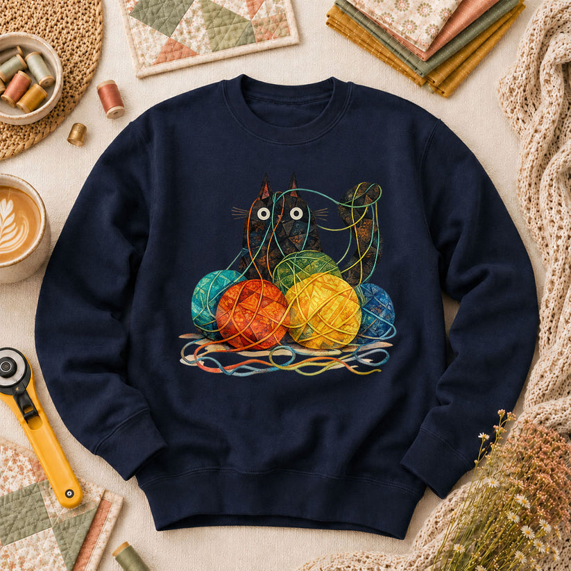 Meow Cat With Yarn Balls Long Sleeve - Navy