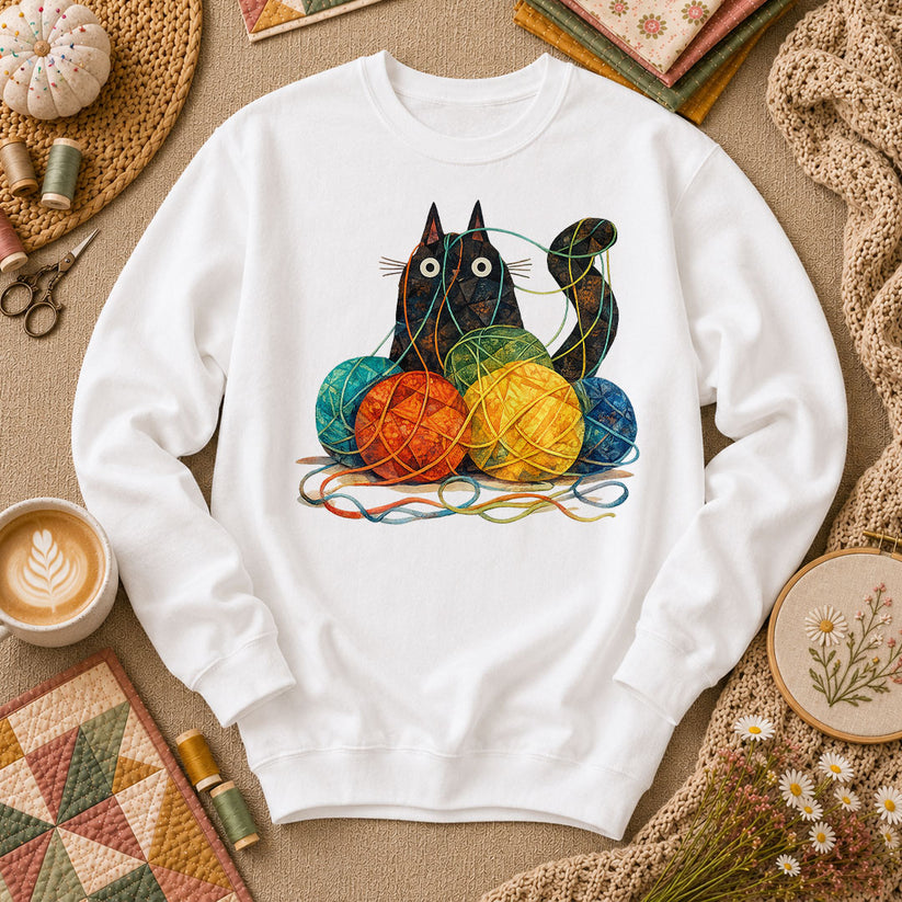 Meow Cat With Yarn Balls Long Sleeve - White