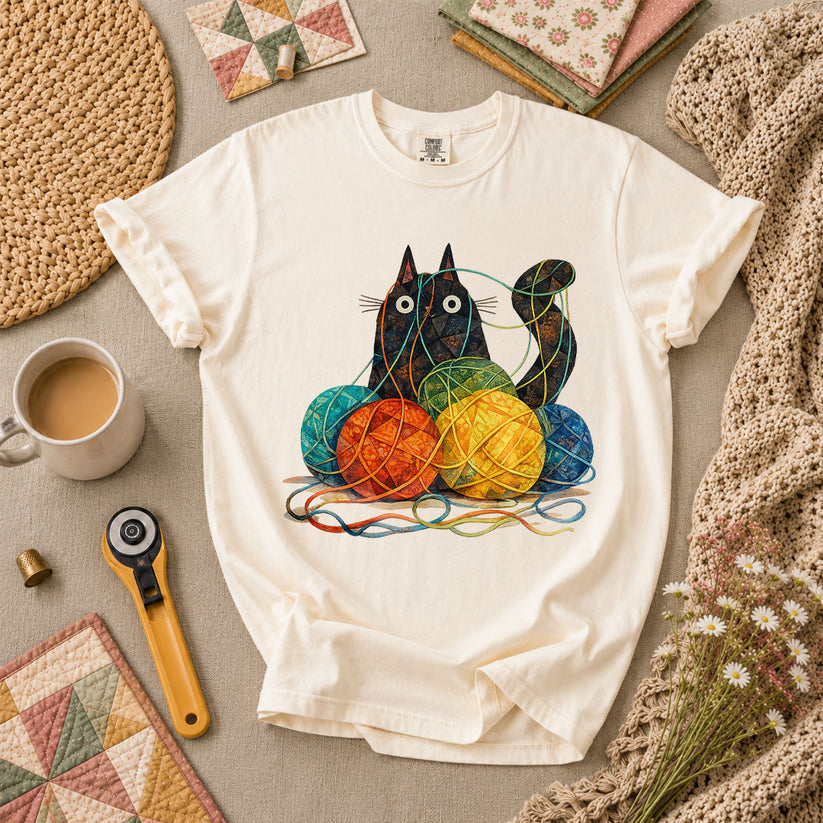 Meow Cat With Yarn Balls T-Shirt - Ivory