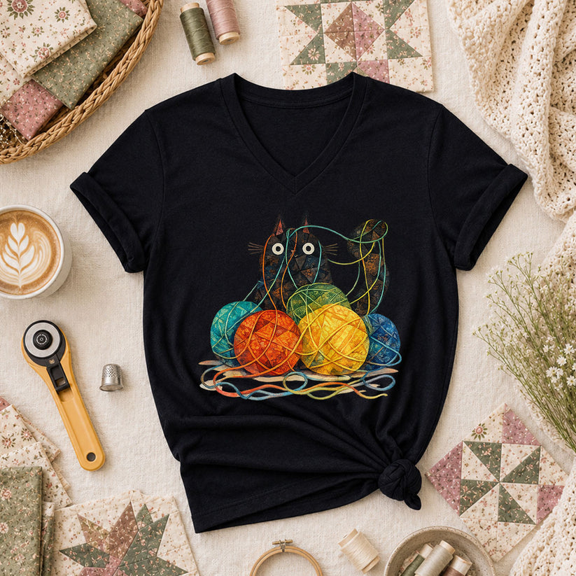 Meow Cat With Yarn Balls Women's V-Neck - Black