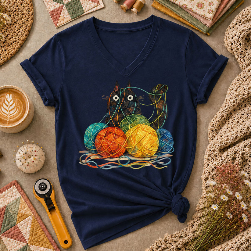 Meow Cat With Yarn Balls Women's V-Neck - Navy