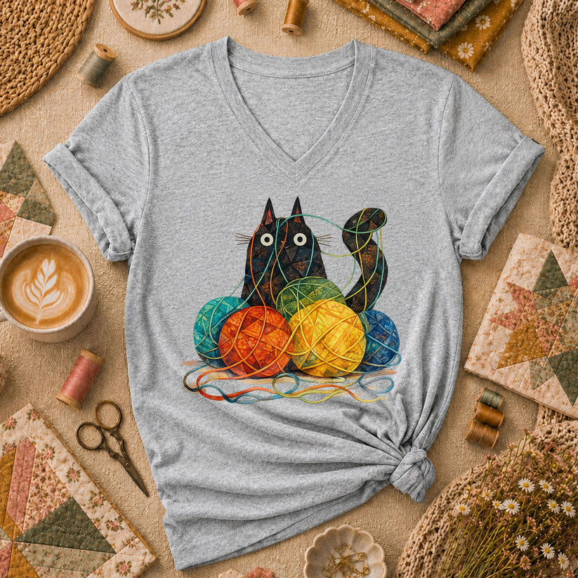 Meow Cat With Yarn Balls Women's V-Neck - Sport Grey