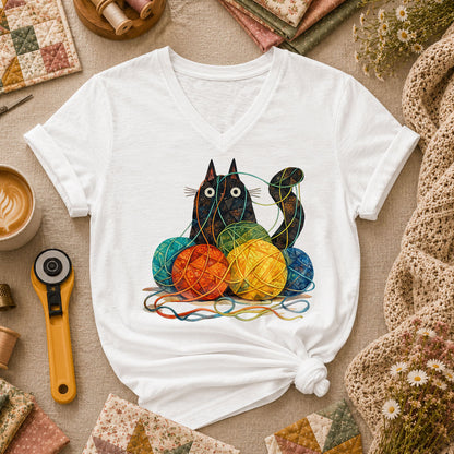 Meow Cat With Yarn Balls Women's V-Neck - White