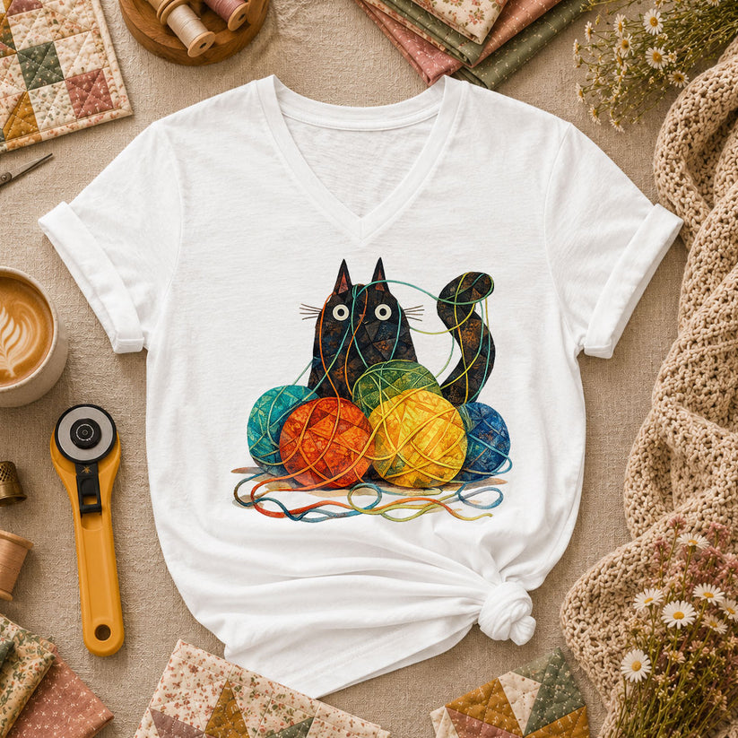 Meow Cat With Yarn Balls Women's V-Neck - White