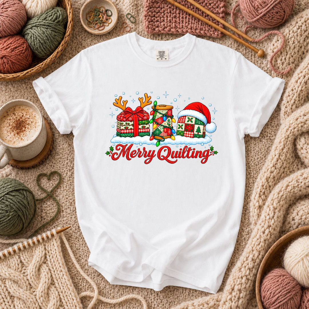 Merry Quilting Fabric Stack With Reindeer Antlers T-Shirt - White