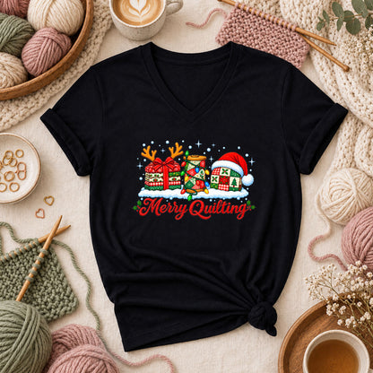 Merry Quilting Fabric Stack With Reindeer Antlers Women's V-Neck - Black