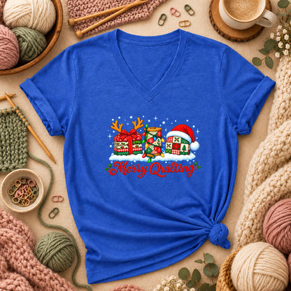Merry Quilting Fabric Stack With Reindeer Antlers Women's V-Neck - Heather True Royal
