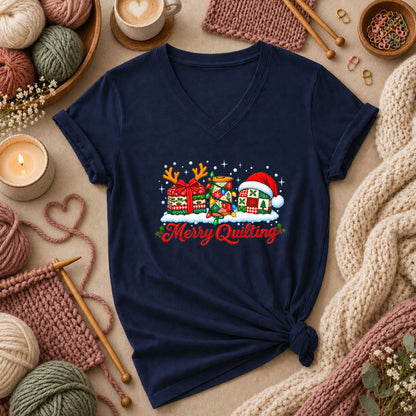Merry Quilting Fabric Stack With Reindeer Antlers Women's V-Neck - Navy