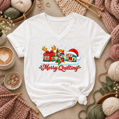 Merry Quilting Fabric Stack With Reindeer Antlers Women's V-Neck - White
