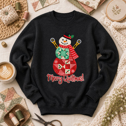 Merry Quiltmas Patchwork Snowman With Rotary Cutters Long Sleeve - Black