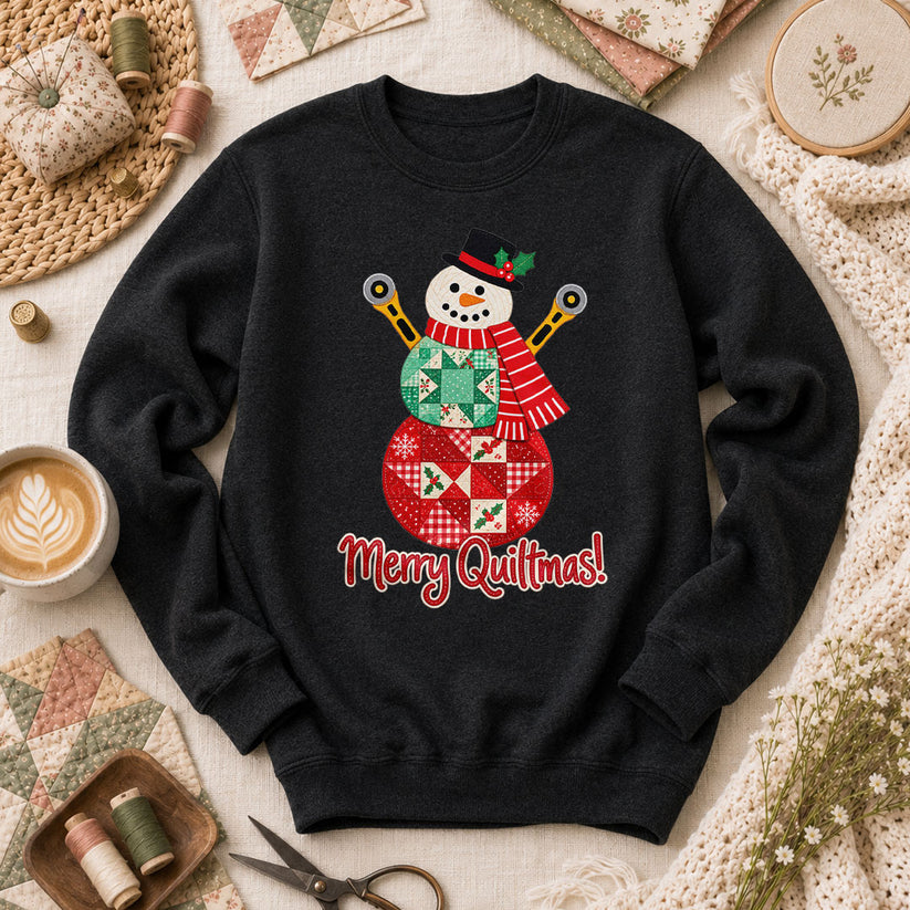 Merry Quiltmas Patchwork Snowman With Rotary Cutters Long Sleeve - Black