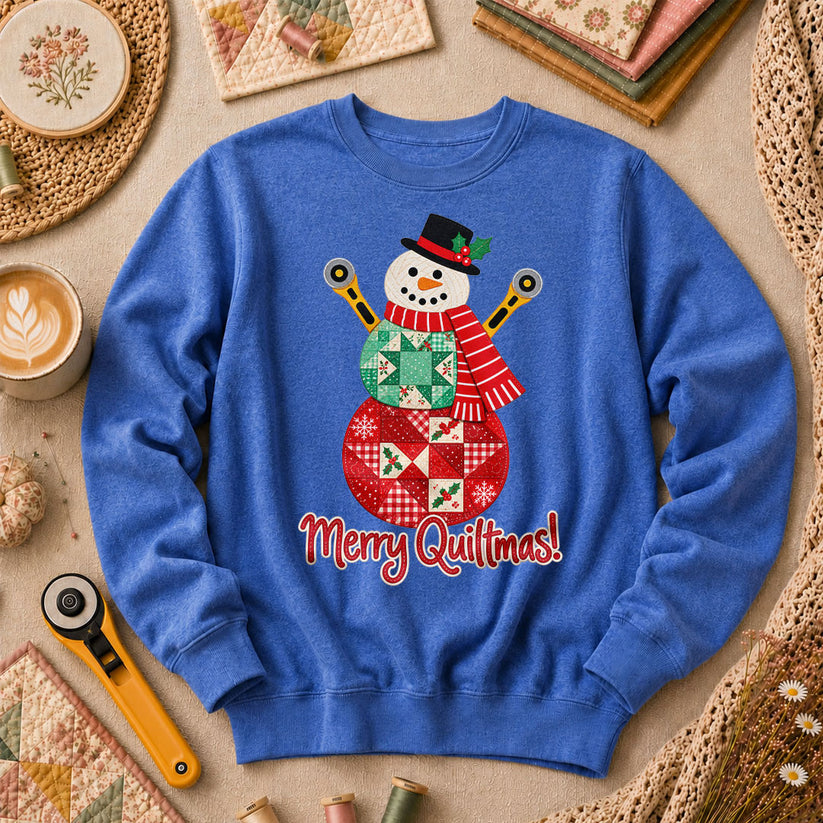 Merry Quiltmas Patchwork Snowman With Rotary Cutters Long Sleeve - Heather True Royal