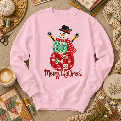 Merry Quiltmas Patchwork Snowman With Rotary Cutters Long Sleeve - Light Pink