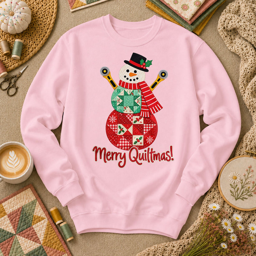 Merry Quiltmas Patchwork Snowman With Rotary Cutters Long Sleeve - Light Pink