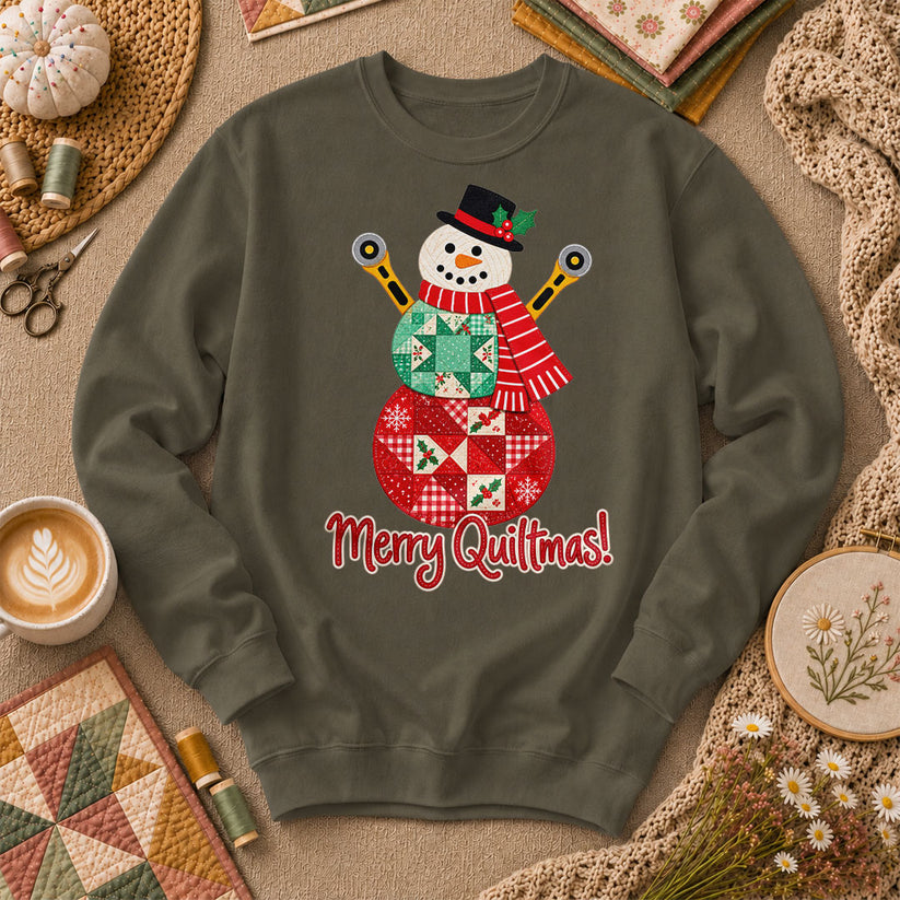 Merry Quiltmas Patchwork Snowman With Rotary Cutters Long Sleeve - Military Green