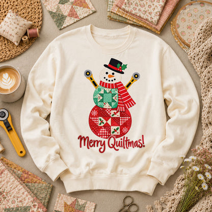 Merry Quiltmas Patchwork Snowman With Rotary Cutters Long Sleeve - Natural