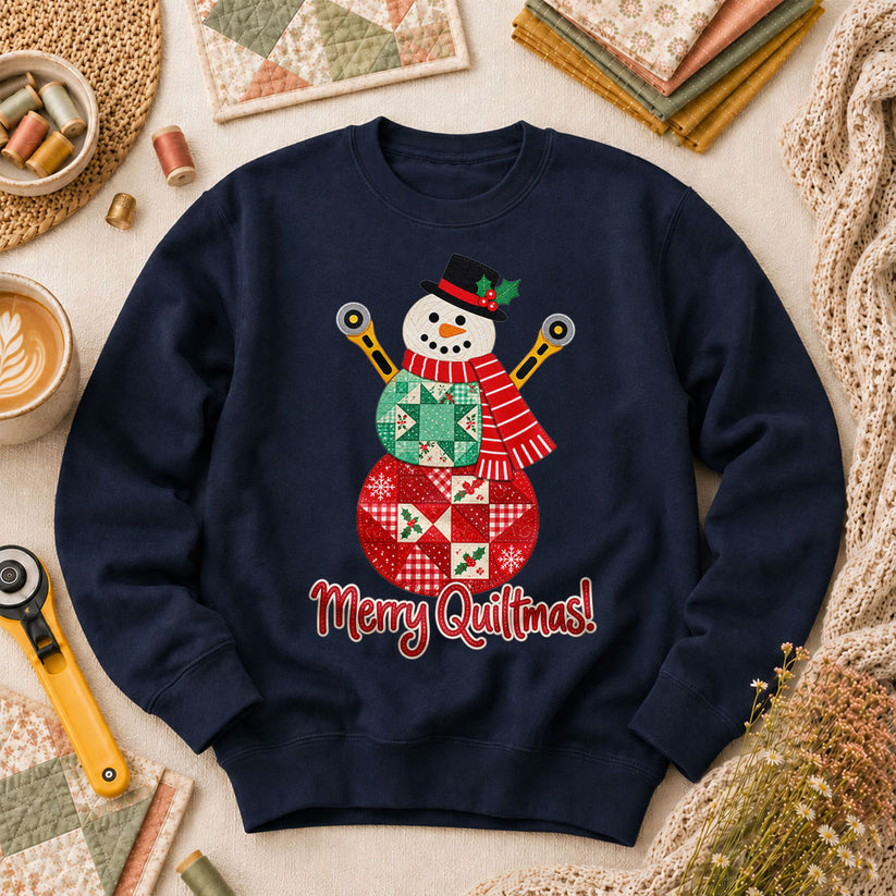 Merry Quiltmas Patchwork Snowman With Rotary Cutters Long Sleeve - Navy