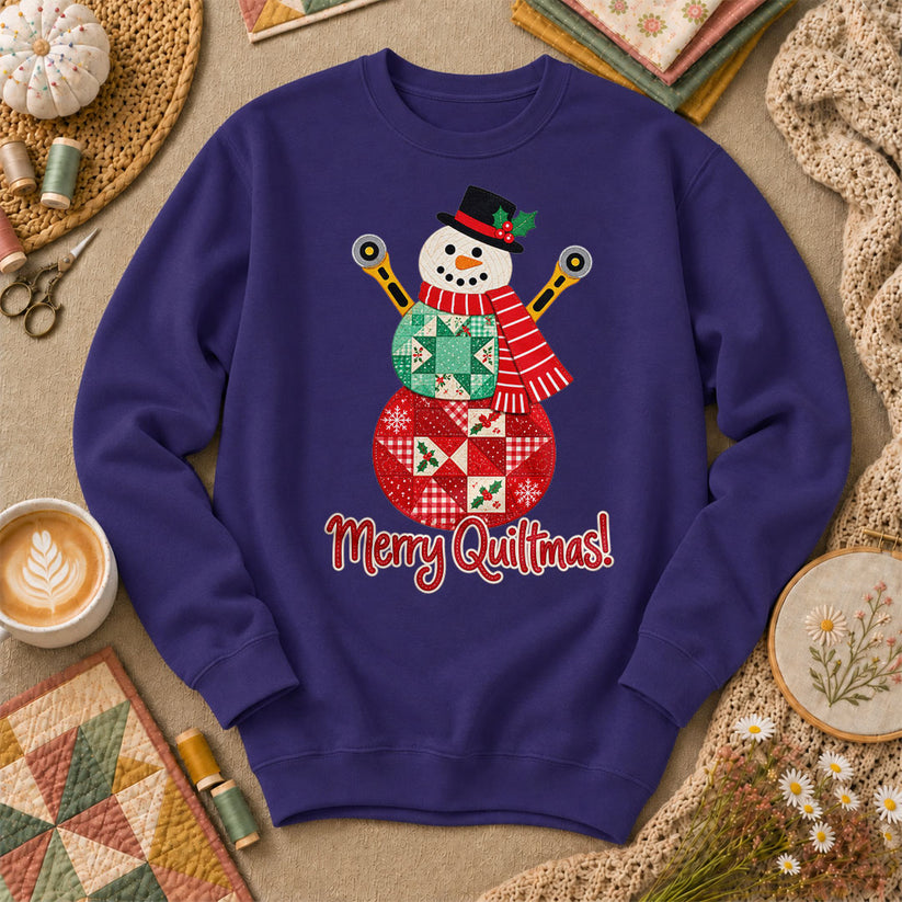 Merry Quiltmas Patchwork Snowman With Rotary Cutters Long Sleeve - Purple