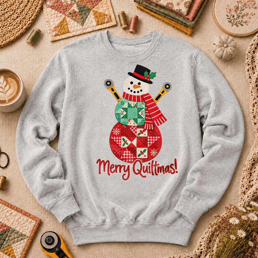 Merry Quiltmas Patchwork Snowman With Rotary Cutters Long Sleeve - Sport Grey
