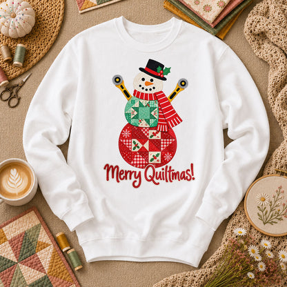 Merry Quiltmas Patchwork Snowman With Rotary Cutters Long Sleeve - White