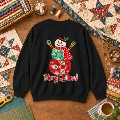 Merry Quiltmas Patchwork Snowman With Rotary Cutters Sweatshirt - Black