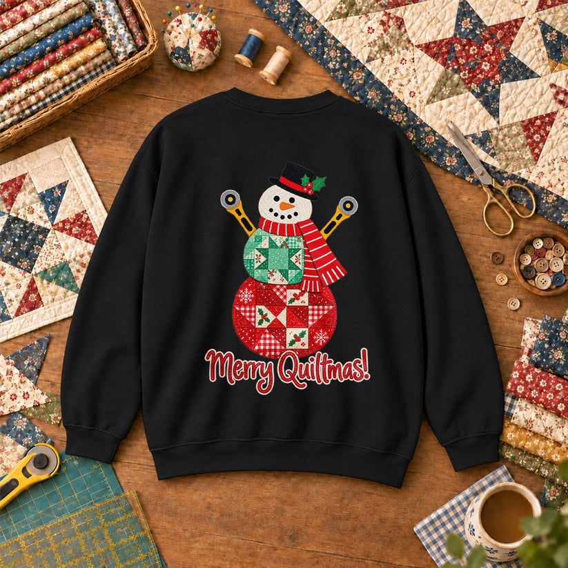 Merry Quiltmas Patchwork Snowman With Rotary Cutters Sweatshirt - Black