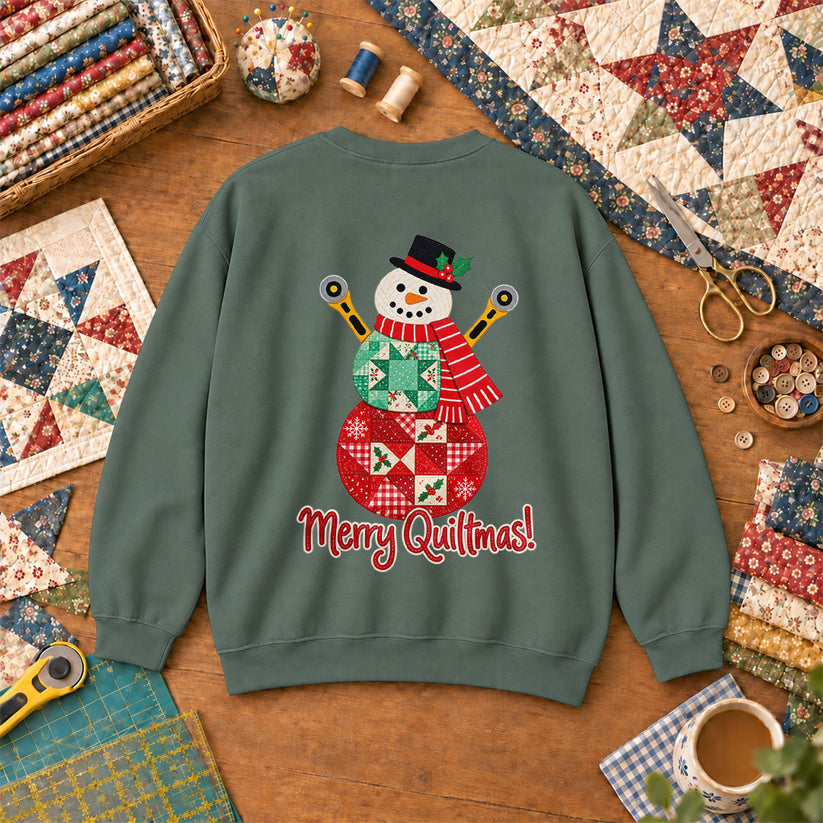 Merry Quiltmas Patchwork Snowman With Rotary Cutters Sweatshirt - Forest Green