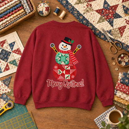 Merry Quiltmas Patchwork Snowman With Rotary Cutters Sweatshirt - Garnet