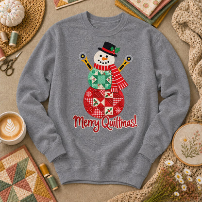 Merry Quiltmas Patchwork Snowman With Rotary Cutters Sweatshirt - Graphite Heather