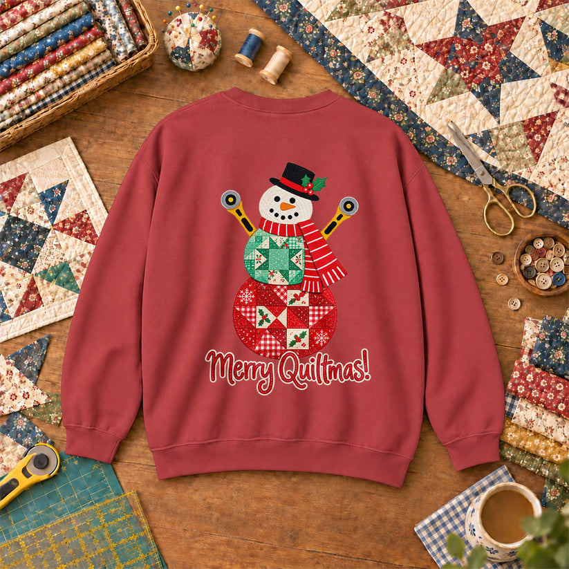 Merry Quiltmas Patchwork Snowman With Rotary Cutters Sweatshirt - Heather Red