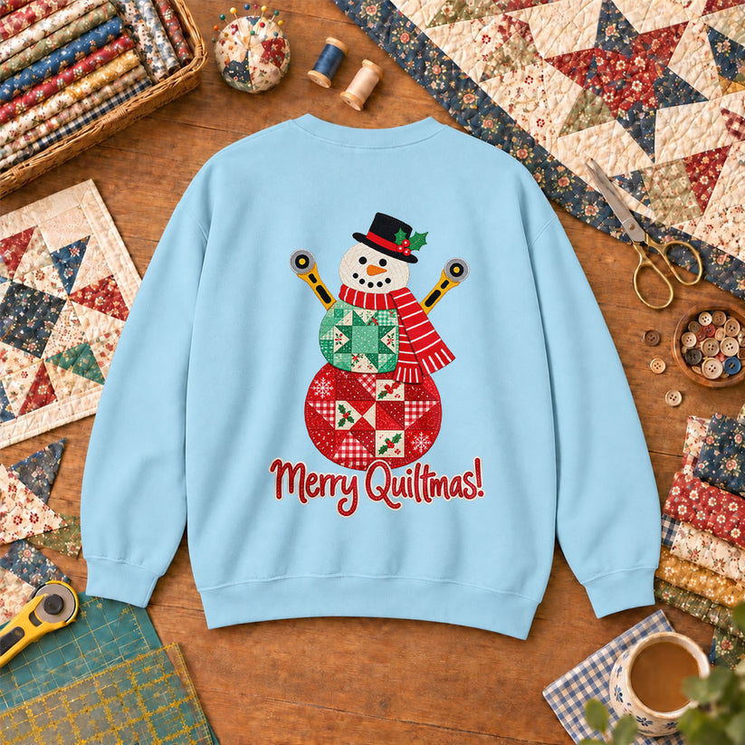 Merry Quiltmas Patchwork Snowman With Rotary Cutters Sweatshirt - Light Blue