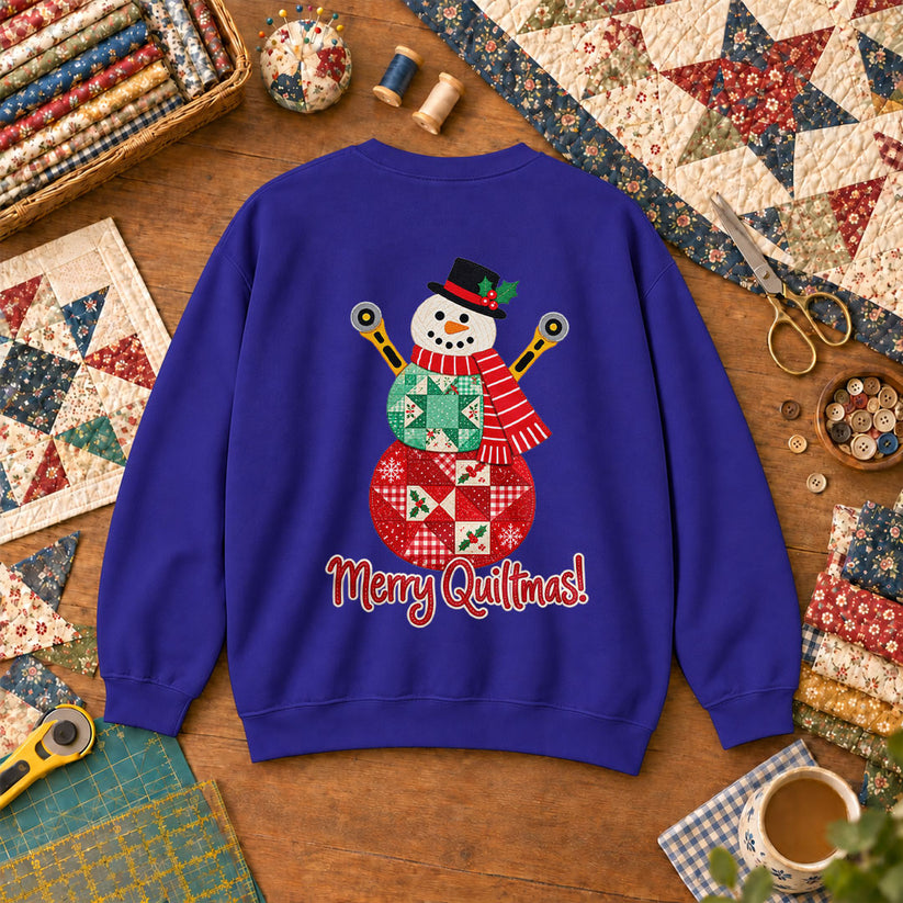 Merry Quiltmas Patchwork Snowman With Rotary Cutters Sweatshirt - Royal