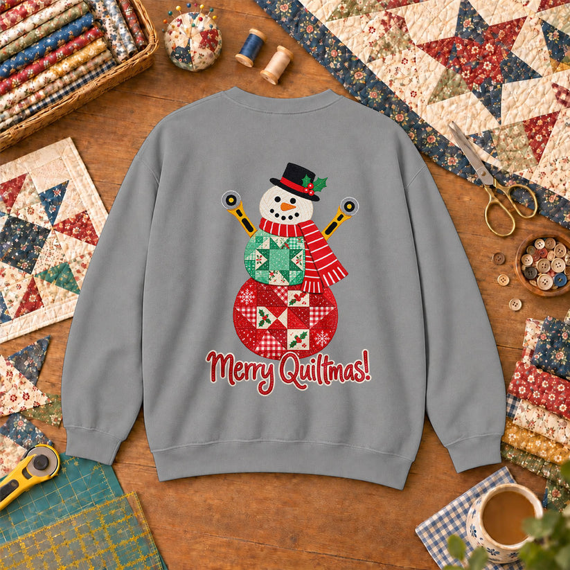 Merry Quiltmas Patchwork Snowman With Rotary Cutters Sweatshirt - Sport Grey
