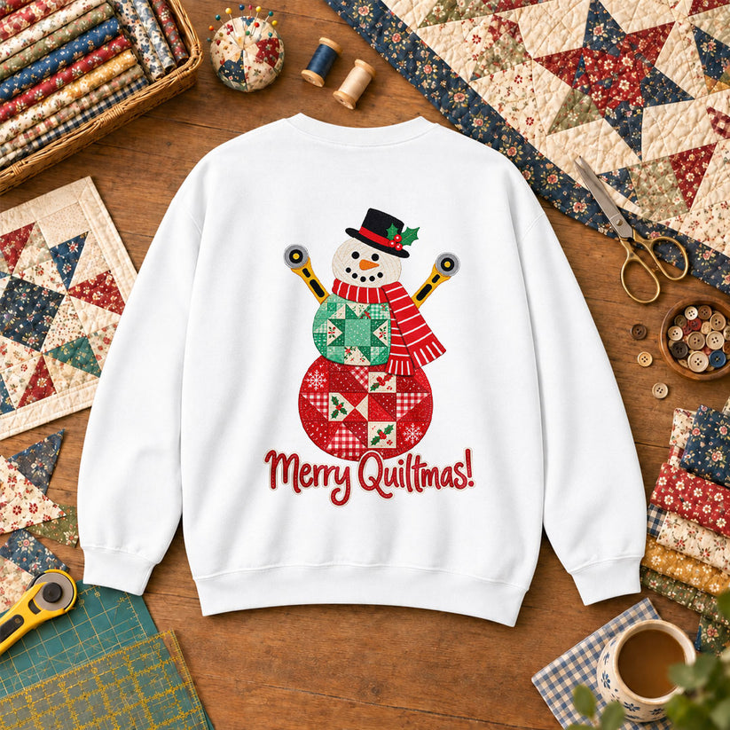Merry Quiltmas Patchwork Snowman With Rotary Cutters Sweatshirt - White