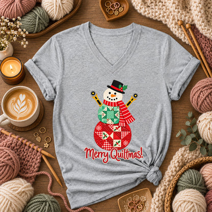 Merry Quiltmas Patchwork Snowman With Rotary Cutters Women's V-Neck - Athletic Heather