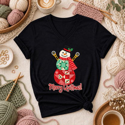 Merry Quiltmas Patchwork Snowman With Rotary Cutters Women's V-Neck - Black