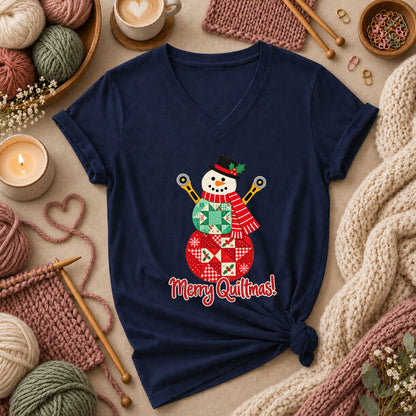 Merry Quiltmas Patchwork Snowman With Rotary Cutters Women's V-Neck - Navy