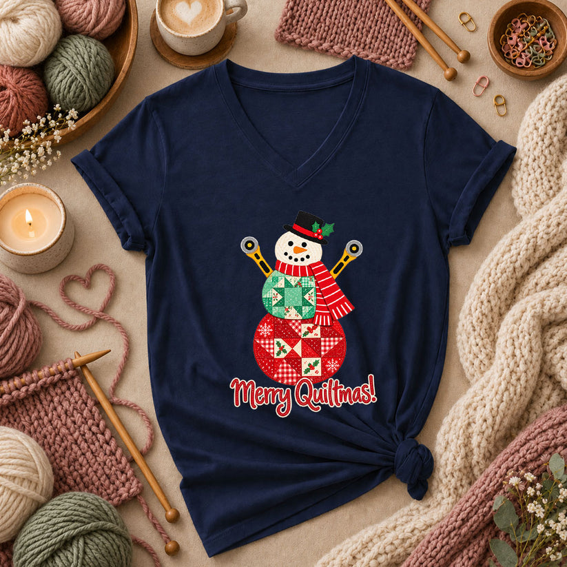 Merry Quiltmas Patchwork Snowman With Rotary Cutters Women's V-Neck - Navy