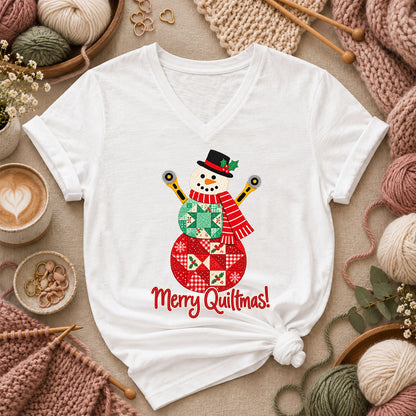 Merry Quiltmas Patchwork Snowman With Rotary Cutters Women's V-Neck - White