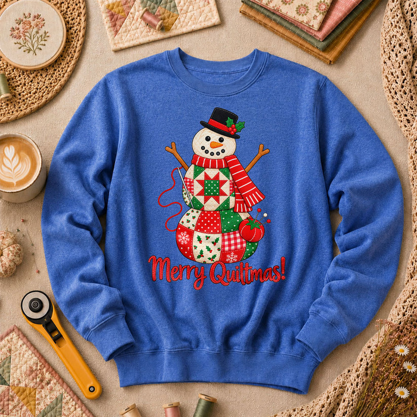 Merry Quiltmas Patchwork Snowman With Top Hat Long Sleeve - Heather True Royal