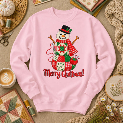 Merry Quiltmas Patchwork Snowman With Top Hat Long Sleeve - Light Pink