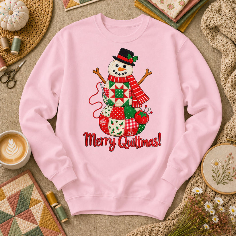 Merry Quiltmas Patchwork Snowman With Top Hat Long Sleeve - Light Pink
